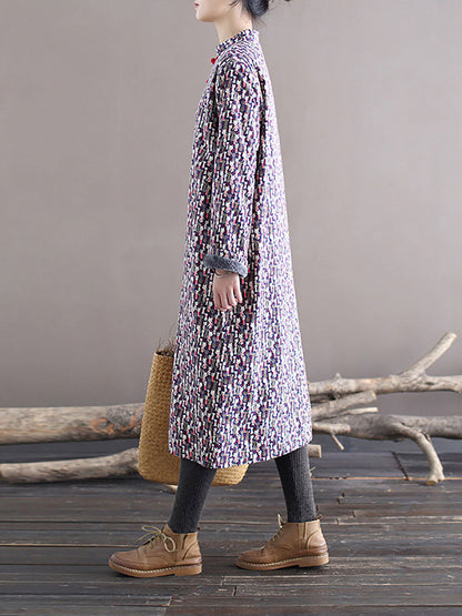 Winter Chinese Print Frog Thick Long Dress
