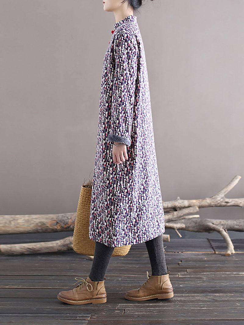 Winter Chinese Print Frog Thick Long Dress