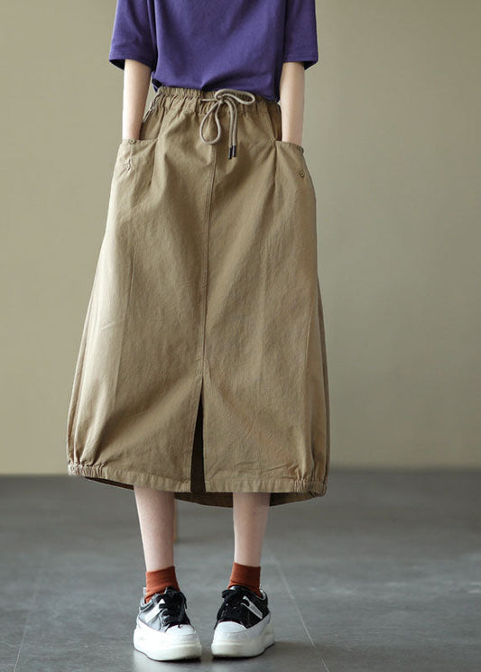Light Green Elastic Waist Side Open Pockets Cotton Skirt Summer