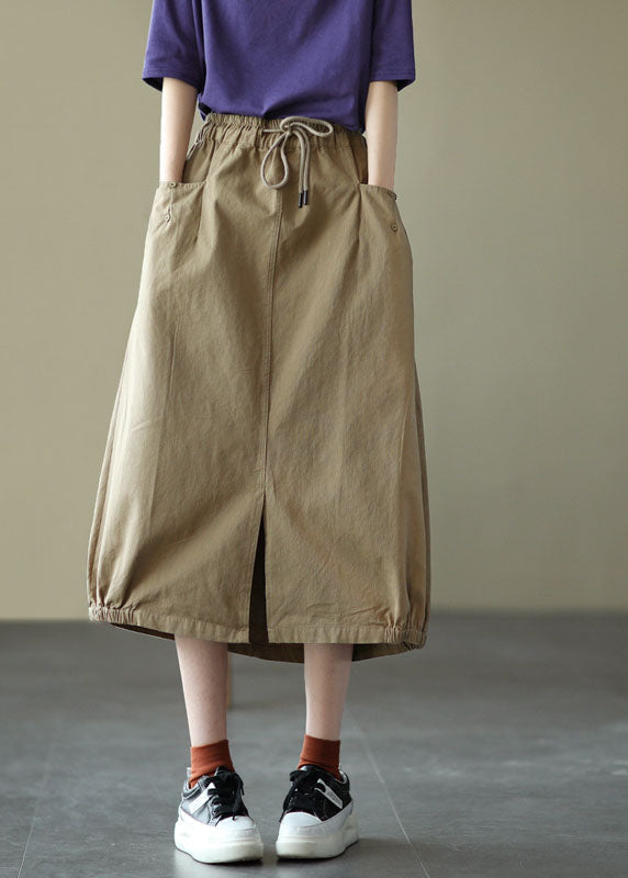 Light Green Elastic Waist Side Open Pockets Cotton Skirt Summer