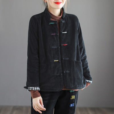 Stand Collar Corduroy Buckle Stripe Thermal Jacket