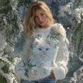 Comstylish Women's Cat Rose Embroidery Art Cozy Knit Sweater