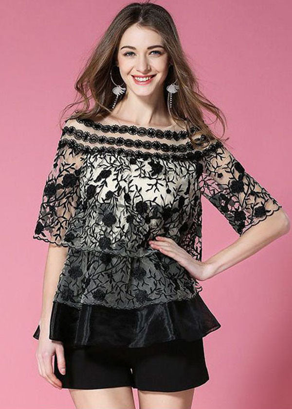 Black O-neck Embroideried Organza Tops Summer