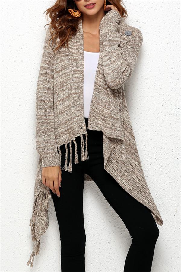 Tassel Asymmetrical Hem Shawl Speckled Fringe Cardigan - Khaki