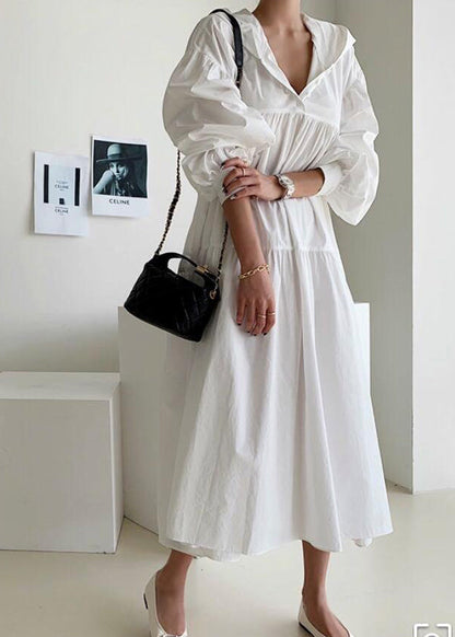 White Hooded Oversized Cotton Maxi Dresses Lantern Sleeve