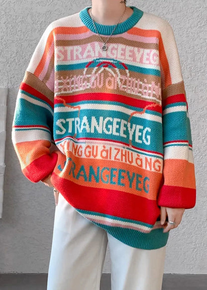 Stylish Orange O Neck Striped Knit Sweaters Winter