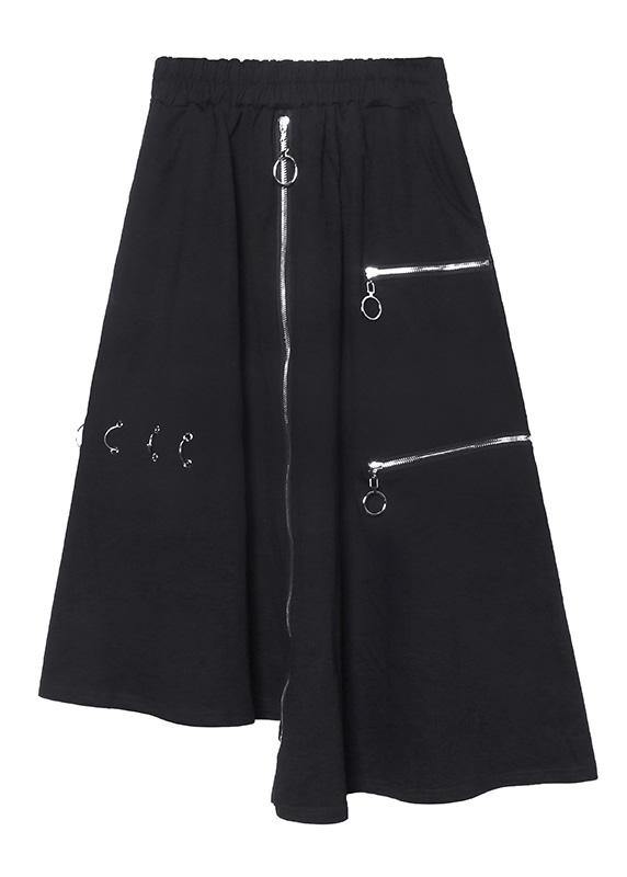 Handmade Black Cotton Quilting Clothes Asymmetric Cotton Robes Zippered Skirts