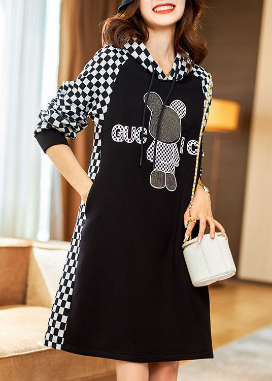 Black Hooded Plaid Sweatshirt Dress Winter