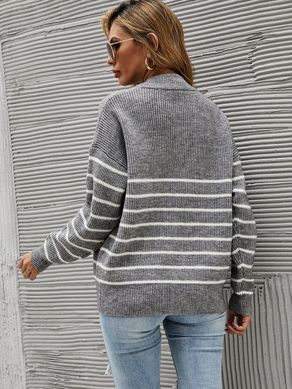 Striped Colorblock High Neck Zip Sweater