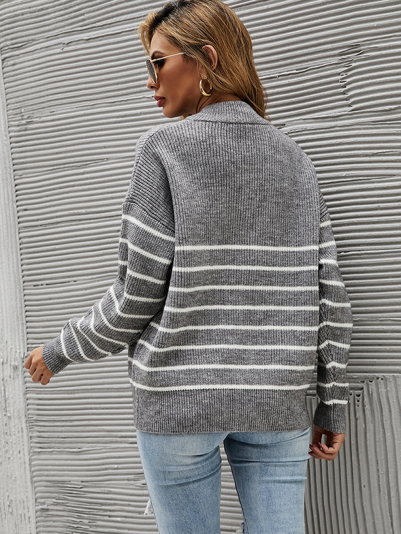 Striped Colorblock High Neck Zip Sweater