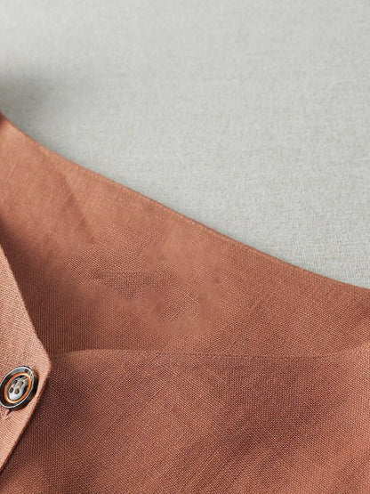 Color V Neck Short Sleeve Buttoned Linen Shirt Top