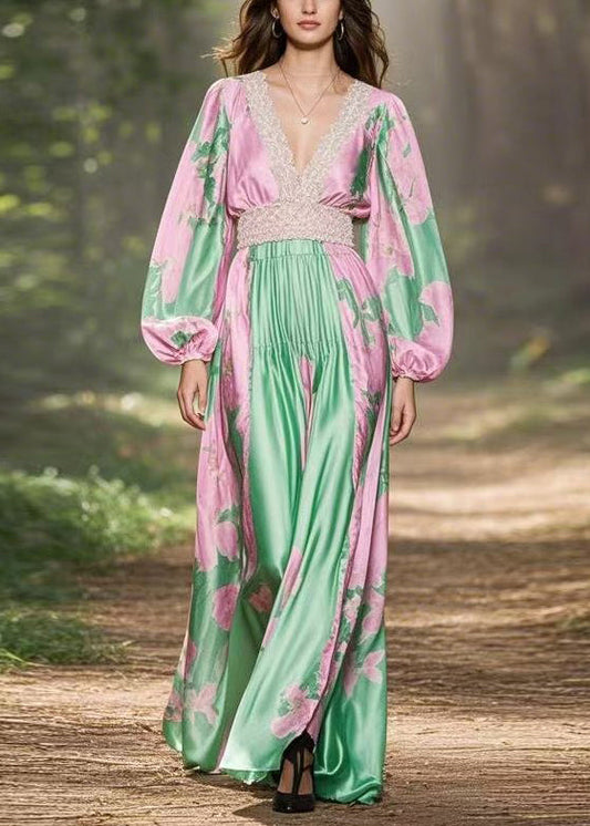 Pink V Neck Print Patchwork Silk Long Dresses Spring