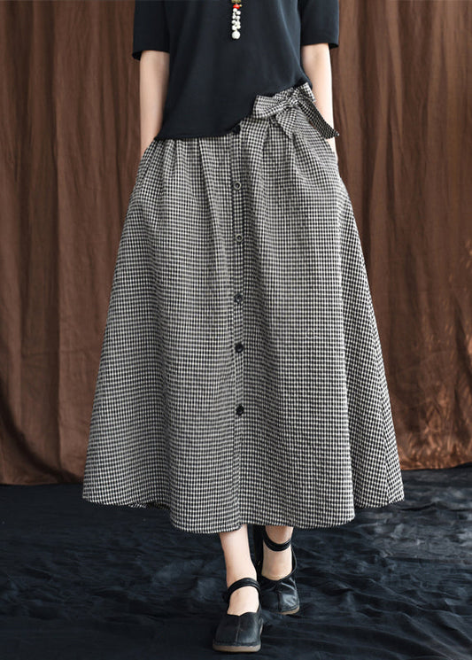 Black Bow Button Pockets Plaid Linen a Line Skirts Summer