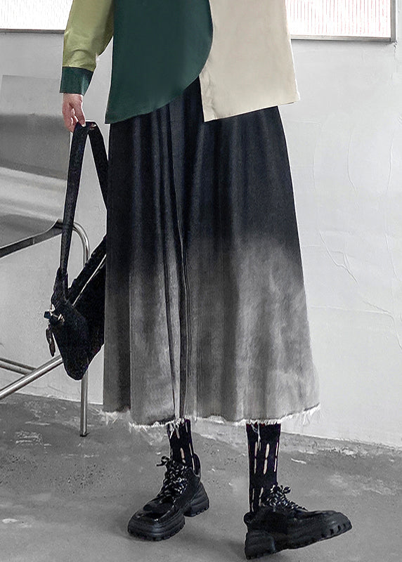 Gradient Color Wrinkled Elastic Waist Patchwork Denim Skirts Fall