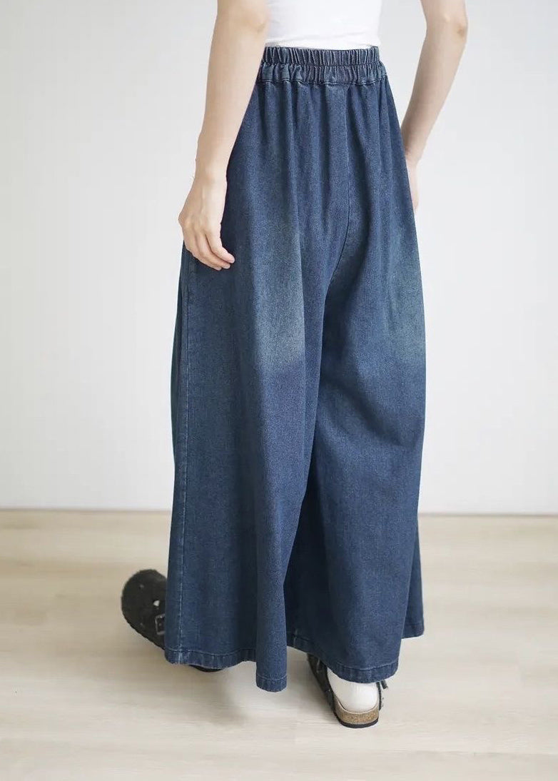 Spring Summer Blue Elastic Waist Wrinkled Wide Leg Pants