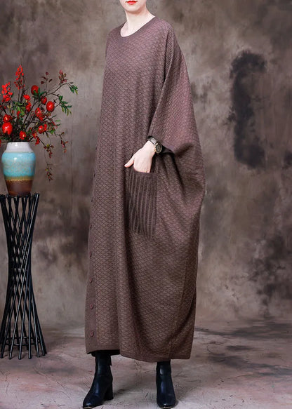 Light Coffee O-neck Button Pockets Cashmere Maxi Dress Long Sleeve