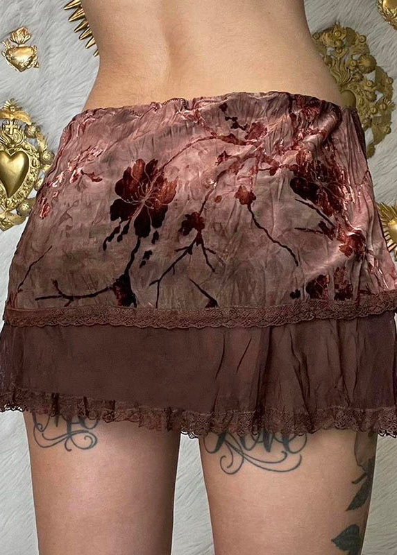 Brown Tie Dye Print Drawstring Tulle Patchwork Skirt Summer