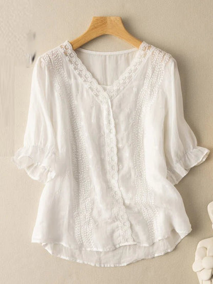 Embroidered V Neck Ruffled Short Sleeve Linen Top