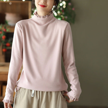 Long-sleeved Plus Fleece T-shirt With Retro Wooden Ears