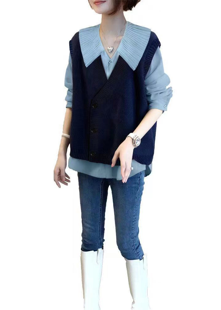 Autumn New Shirt Top and Knitted Vest Two Piece Loose