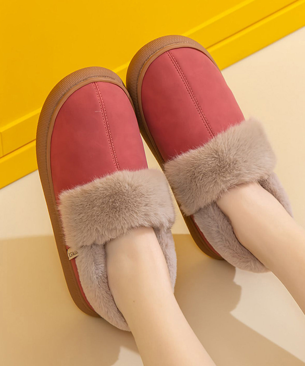 Red Fuzzy Wool Lined Comfy Flat Feet Shoes