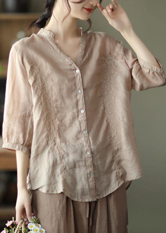 French Khaki Embroidered V Neck Ramie Blouse Top Summer