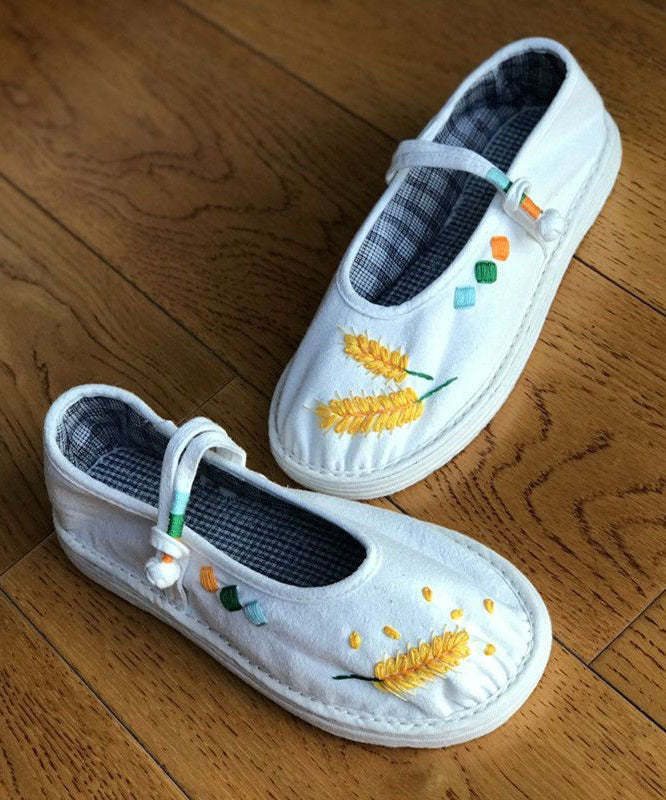 White Embroidery Cotton Fabric Splicing Buckle Strap Flat Shoes for