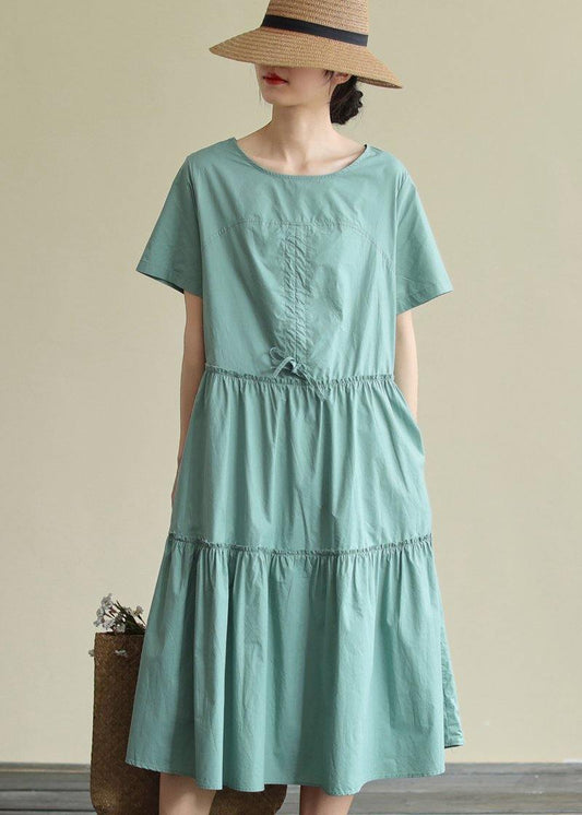 100% O Neck Drawstring Cotton Summerdresses Fabrics Green Art Dresses