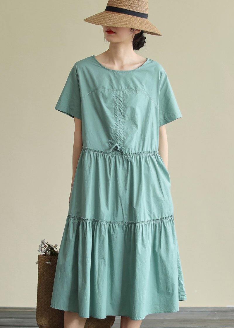 100% O Neck Drawstring Cotton Summerdresses Fabrics Green Art Dresses