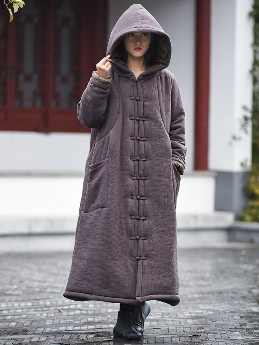 Winter Frog Pocket Hooded Long Coat