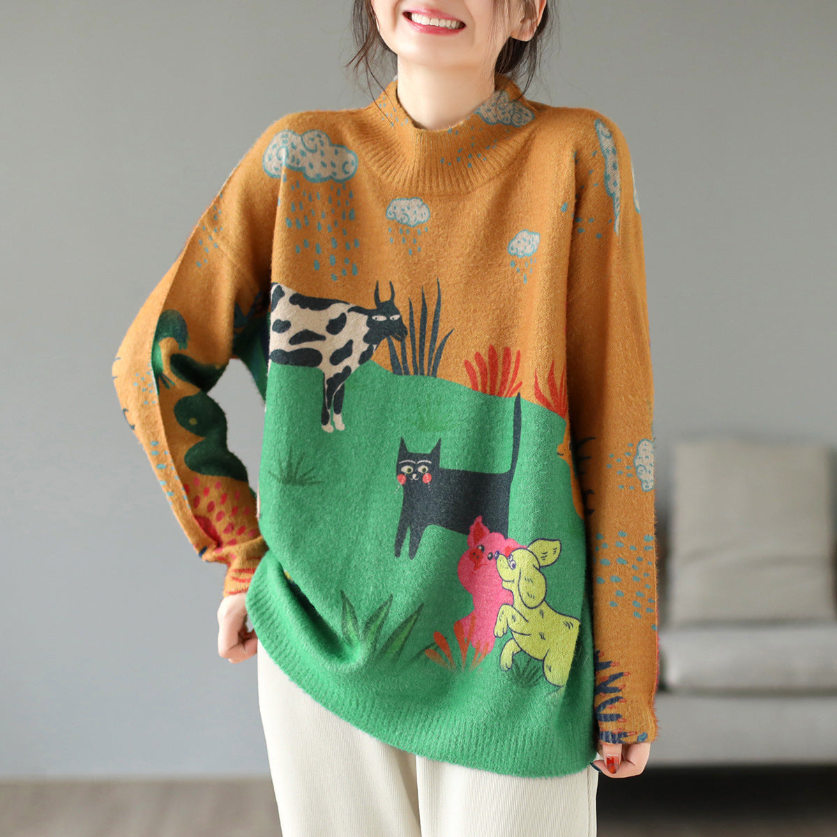 Artistic Retro Half Turtleneck Faux Mink Knitted Sweater
