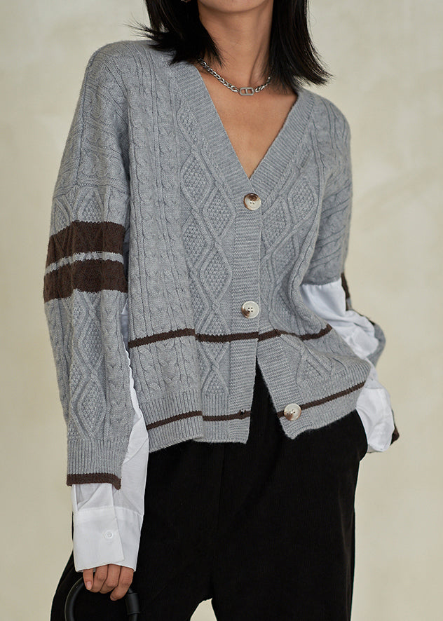 Grey V Neck Button Cotton Knit Top Fall