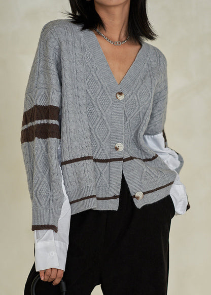 Grey V Neck Button Cotton Knit Top Fall