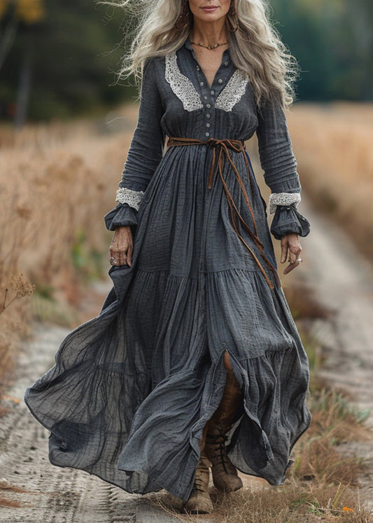 Pastoral Style Lace Patchwork Cotton Long Dresses Spring
