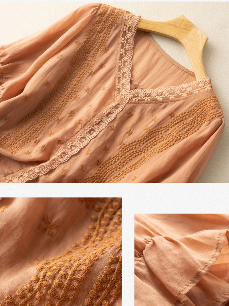 Embroidered V Neck Ruffled Short Sleeve Linen Top