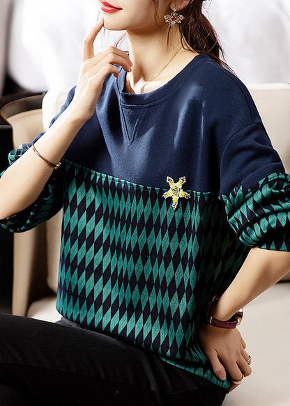 Green O Neck Print Patchwork Cotton Sweatshirt Fall