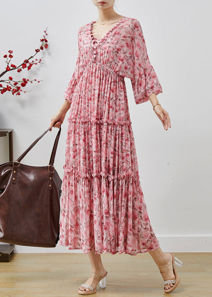 Pink Ruffled Print Chiffon Maxi Dresses Lantern Sleeve