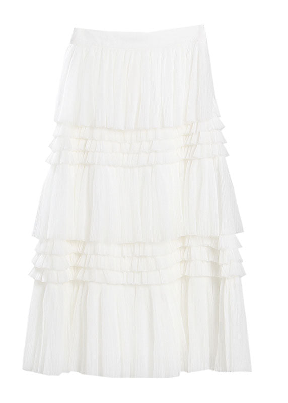 Fine White Asymmetrical Wrinkled Tulle Skirts Spring