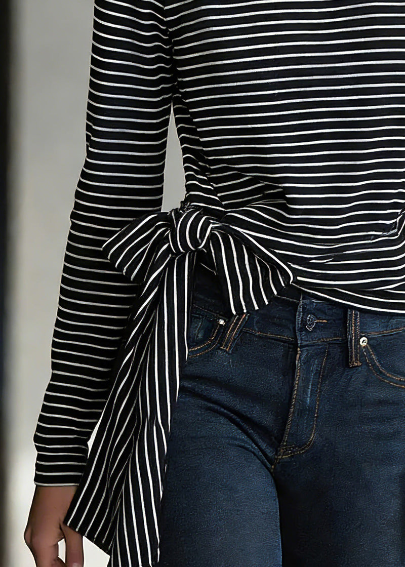 Black Striped Tie Waist T Shirts Spring
