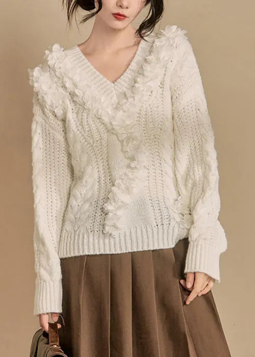 White V Neck Hollow Out Knit Sweaters Winter