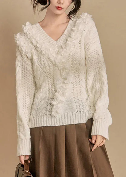 White V Neck Hollow Out Knit Sweaters Winter