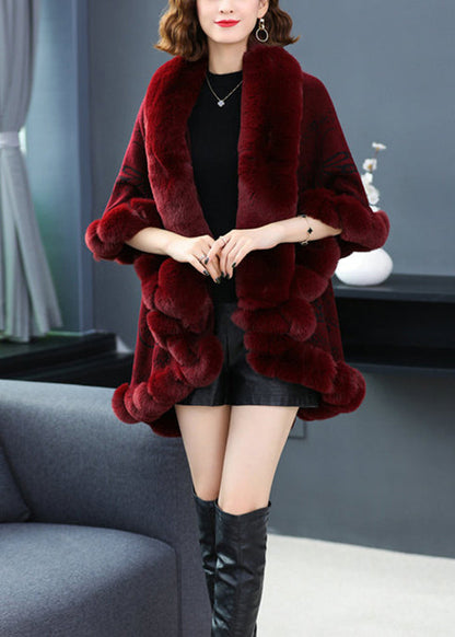 Wine Red Fur Collar Print Patchwork Woolen Coat Fall