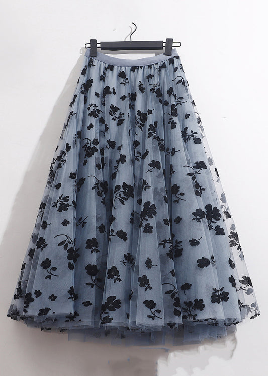 French Blue Elastic Waist Tulle Skirts Summer