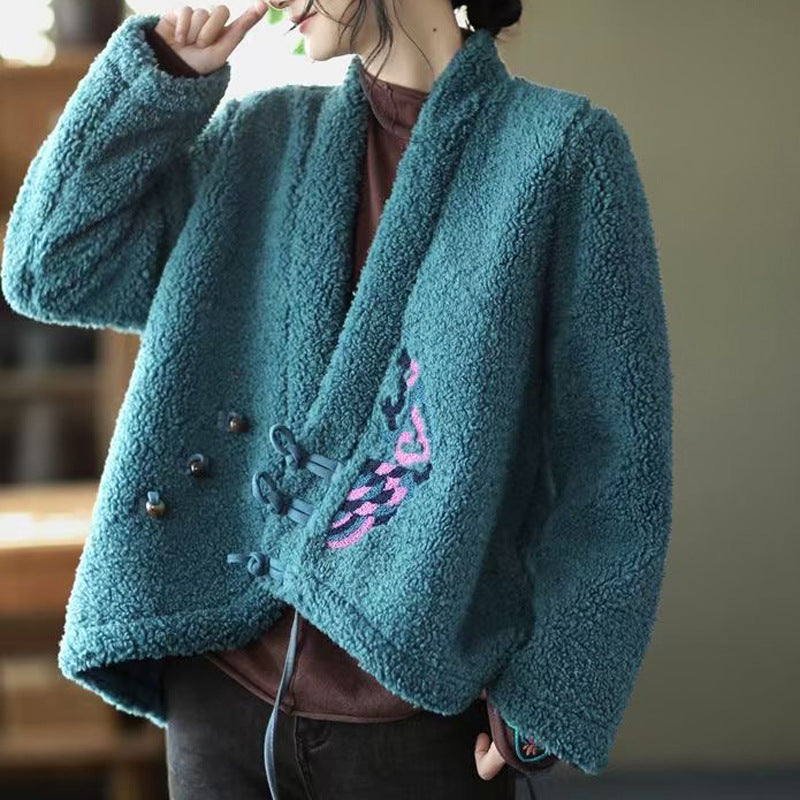 Embroidered V-neck Sherpa Wool Jacket
