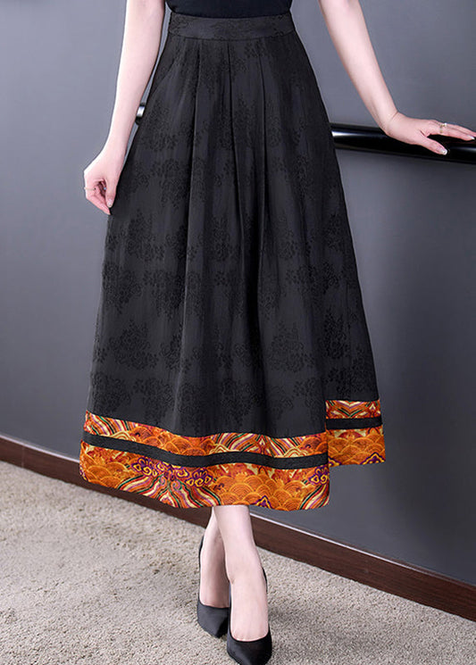 Diy Black Pockets Print High Waist Silk a Line Skirts Fall