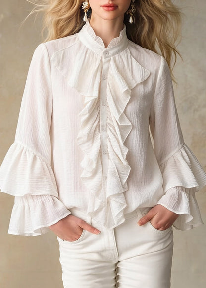 Apricot Stand Collar Ruffled Button Cotton Shirt