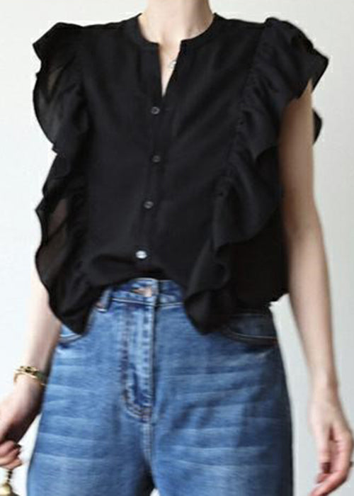 Black Ruffled Button Silk Vest Sleeveless