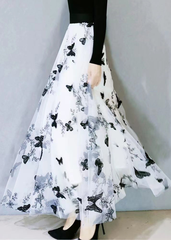 White Butterfly Embroideried Exra Large Hem Loose Tulle Skirt Spring