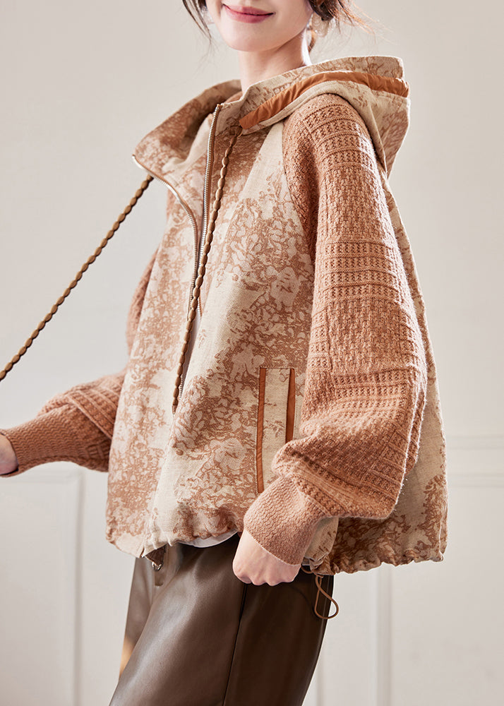 Caramel Hooded Drawstring Knit Patchwork Coat Fall