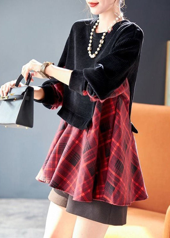Loose Black O-neck Plaid Patchwork Fake Two Pieces Sweatshirts Fall